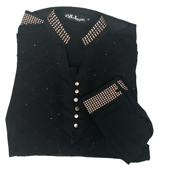 Belush Sheer Mixed Textured Lace Front Top XL Black w/ Gold Accents #116H - Picture 7 of 10